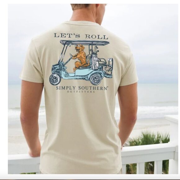 Simply Southern Wisp Tan Short Sleeve Tee with Dog in a Golf Cart "Let's Roll" - Picture 1 of 9